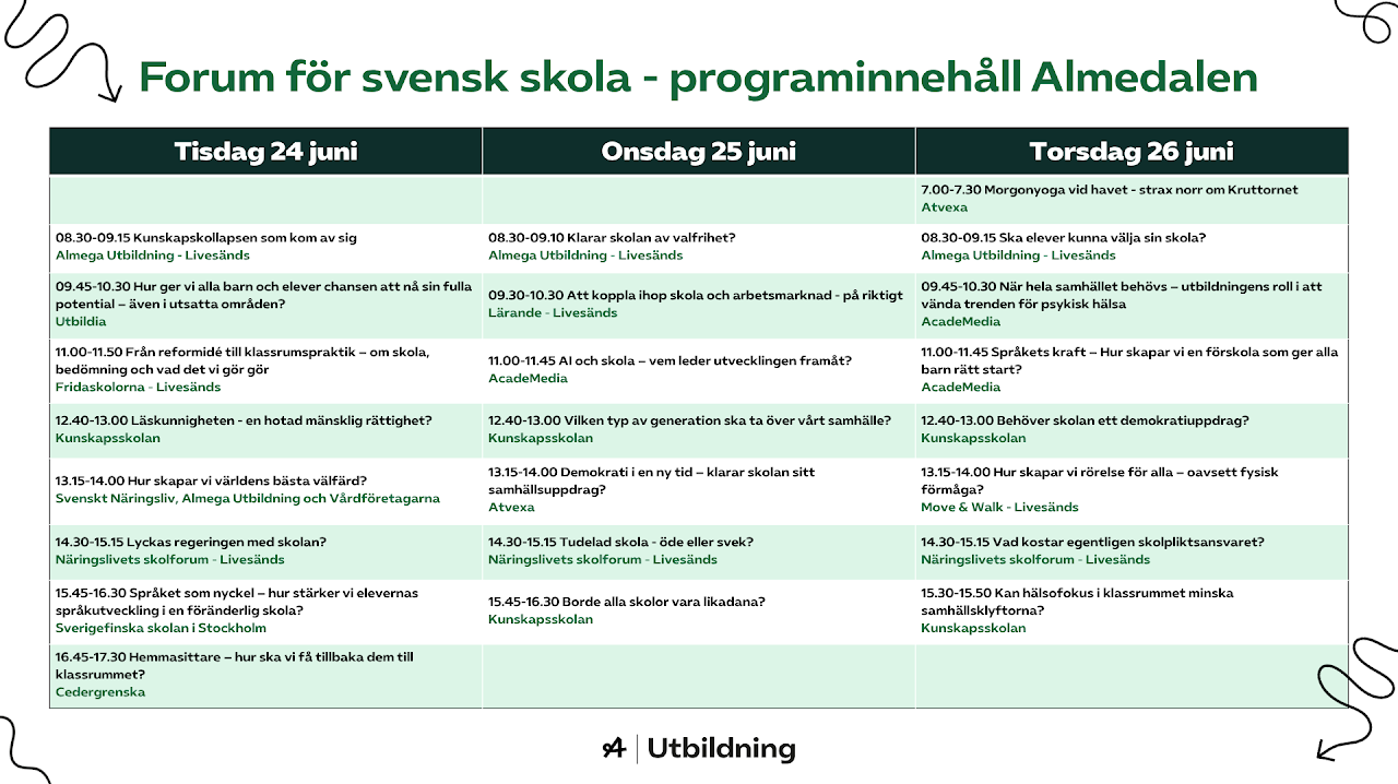 En bild med ett schema för alla seminarium Almega Utbildning och dess medlemmar anordnar.